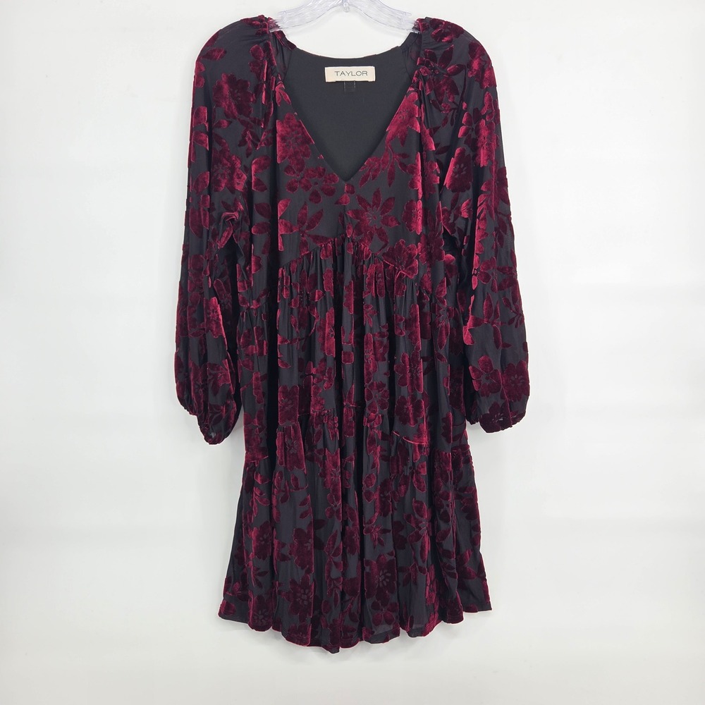Taylor Velvet Burnout Dress 12 Burgundy Floral Tiered Whimsigoth Boho Mini Dress